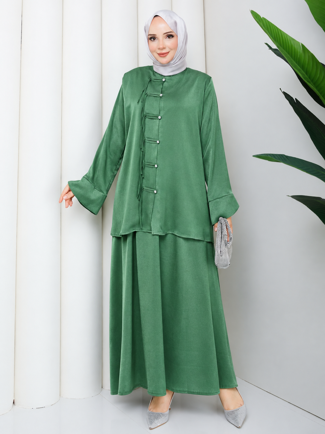 Elegant Modest Satin Skirt & Tunic Set