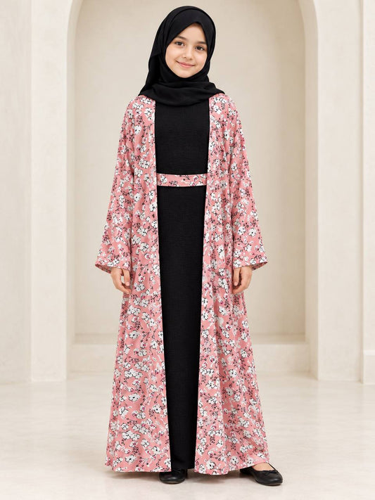 Girls’ 3-Piece Floral Abaya Set with Belt