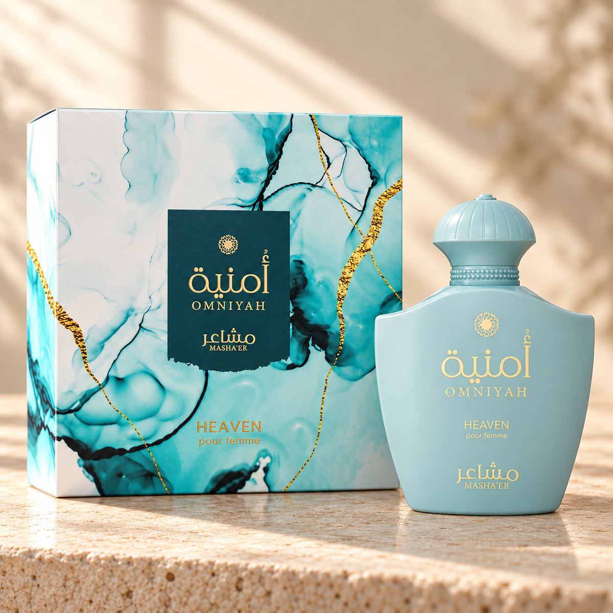 Masha'er Omniyah Heaven Eau de Parfum – 100 ml — cap, label and presentation detail