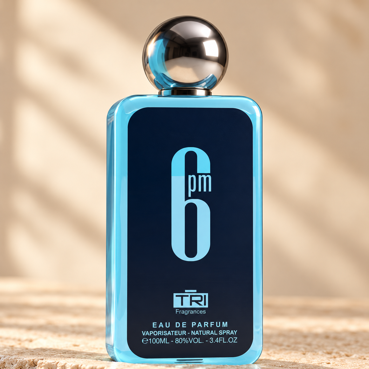 TRI 6 PM Blue Eau de Parfum – 100 ml — cap, label and presentation detail