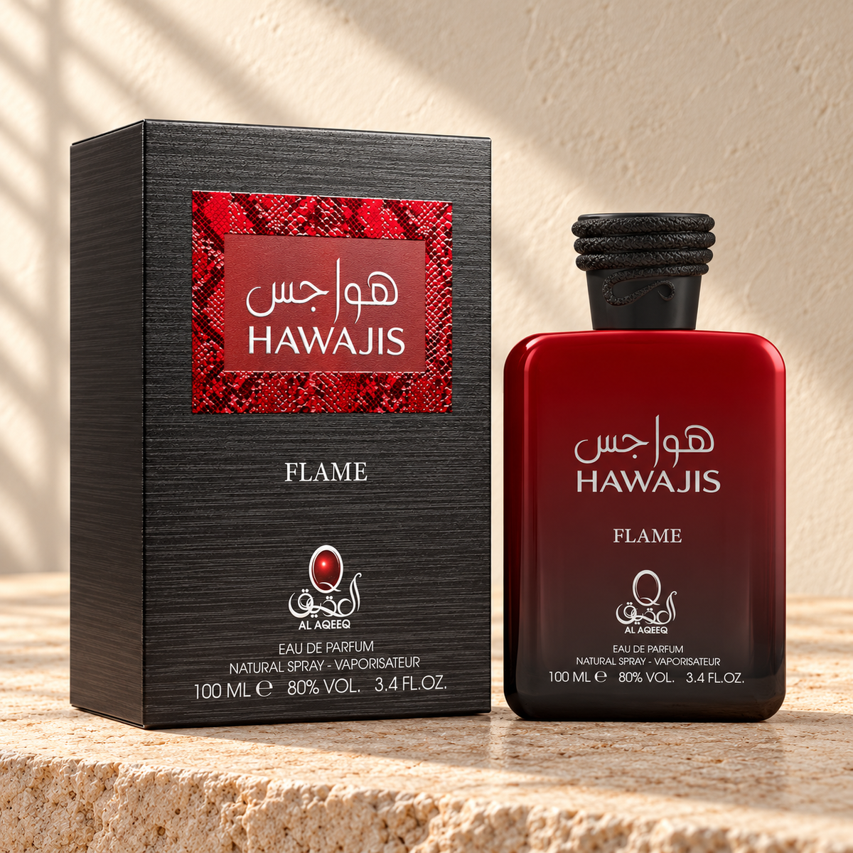 Al Aqeeq Hawajis Flame Eau de Parfum – 100 ml — bottle and matching packaging