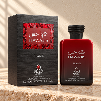 Al Aqeeq Hawajis Flame Eau de Parfum – 100 ml — bottle and matching packaging