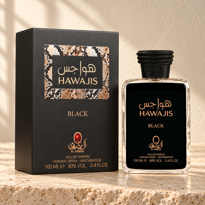Al Aqeeq Hawajis Black Eau de Parfum – 100 ml — bottle and matching packaging