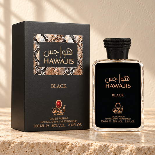 Al Aqeeq Hawajis Black Eau de Parfum – 100 ml — bottle and matching packaging