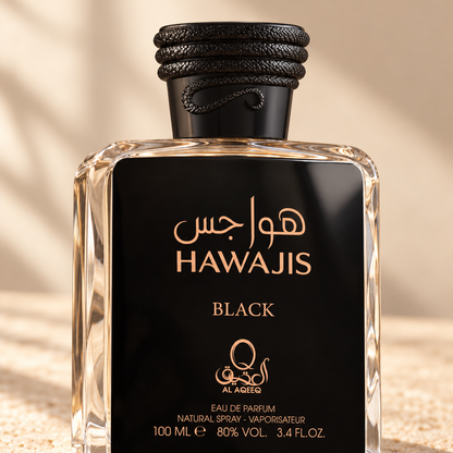 Al Aqeeq Hawajis Black Eau de Parfum – 100 ml — cap, label and presentation detail