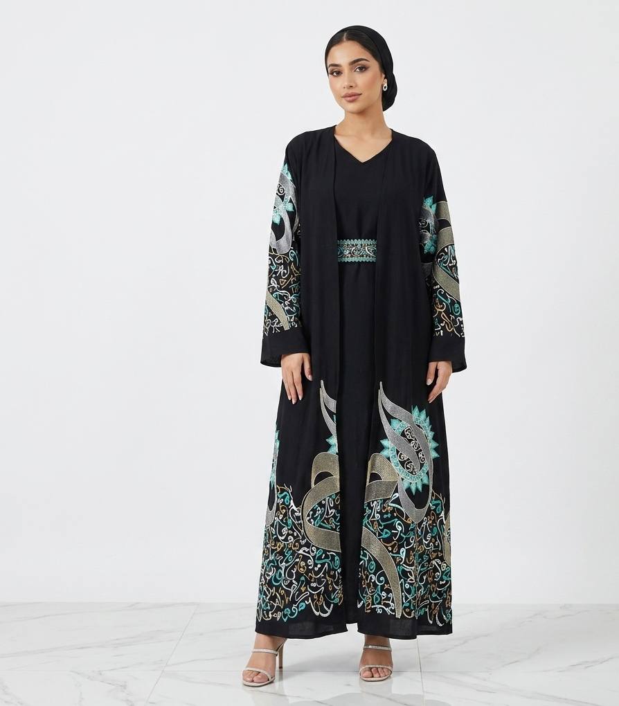 Al Huroof – 3 Piece Organza Linen Abaya