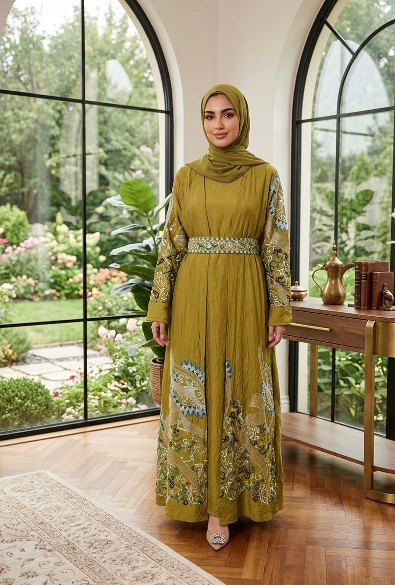 Al Huroof – 3 Piece Organza Linen Abaya