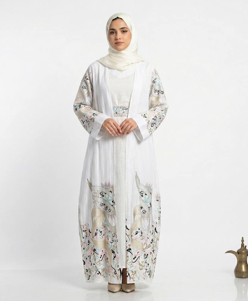 Al Huroof – 3 Piece Organza Linen Abaya
