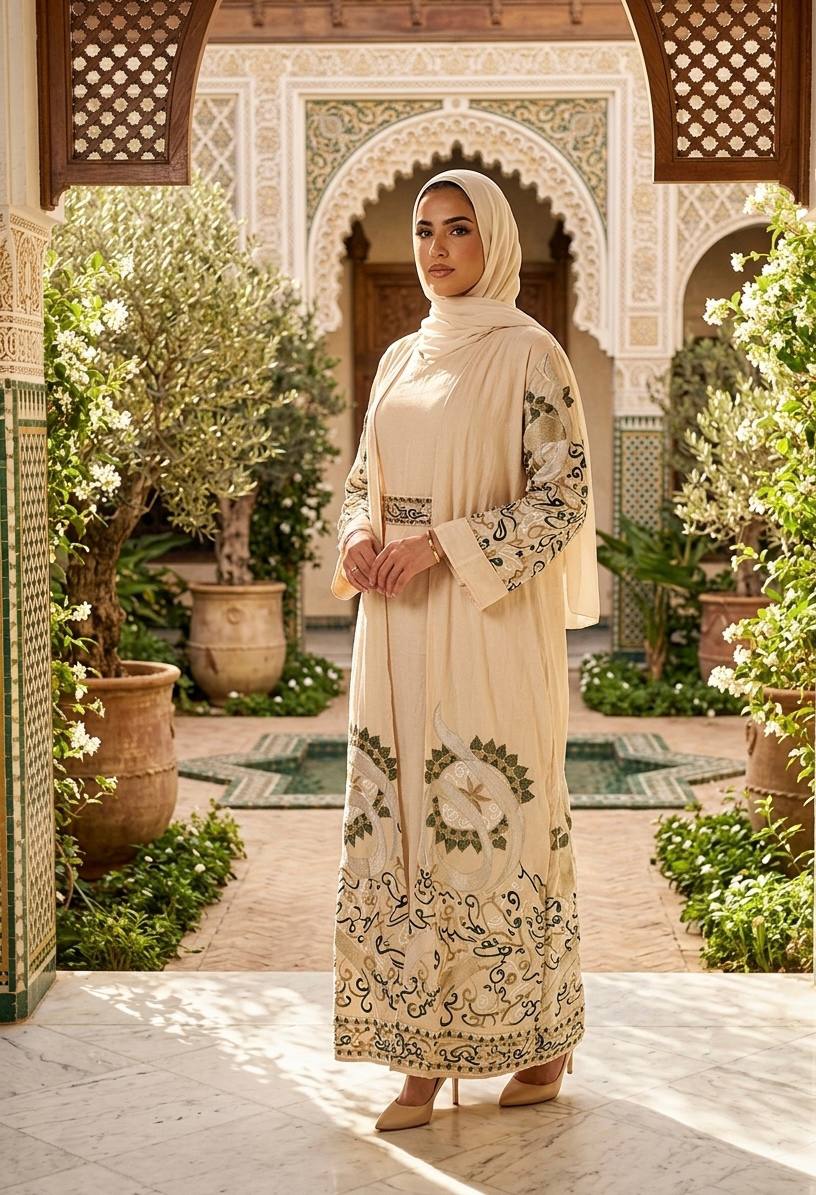 Al Huroof – 3 Piece Organza Linen Abaya