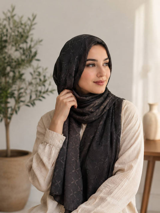 Black Stretch Chiffon Jacquard Hijab
