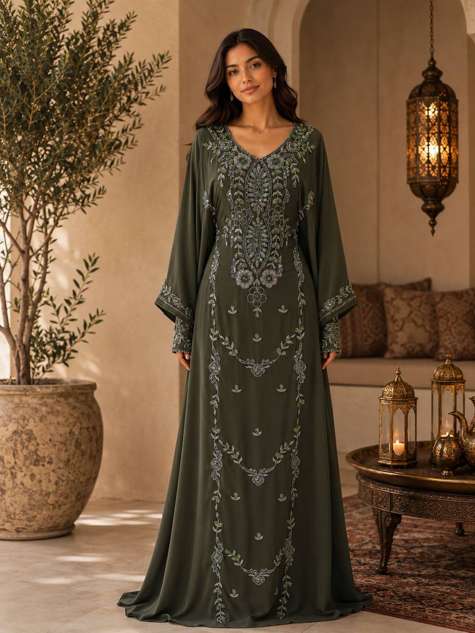 Noura Hand-Beaded Chiffon Kaftan