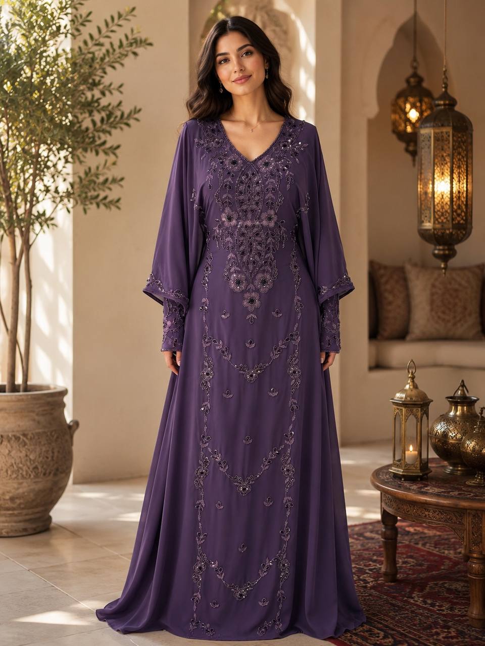 Noura Hand-Beaded Chiffon Kaftan