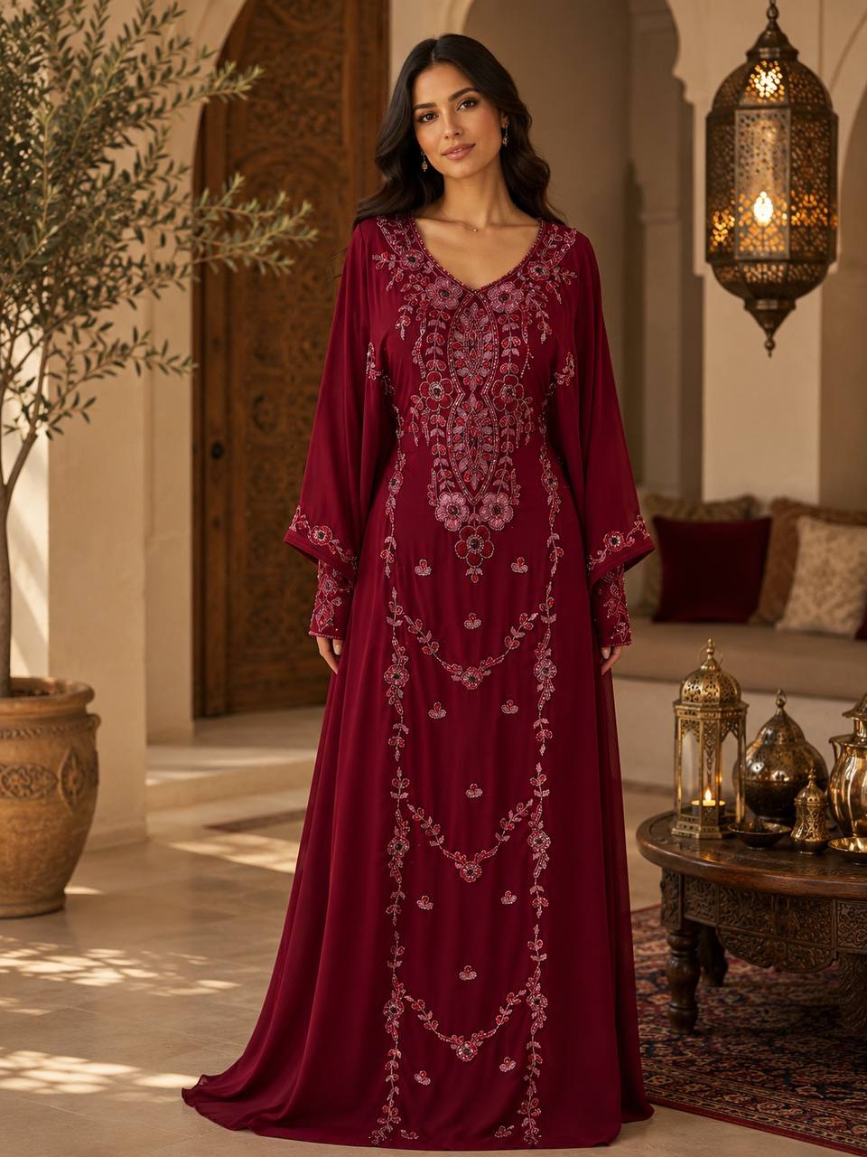 Noura Hand-Beaded Chiffon Kaftan