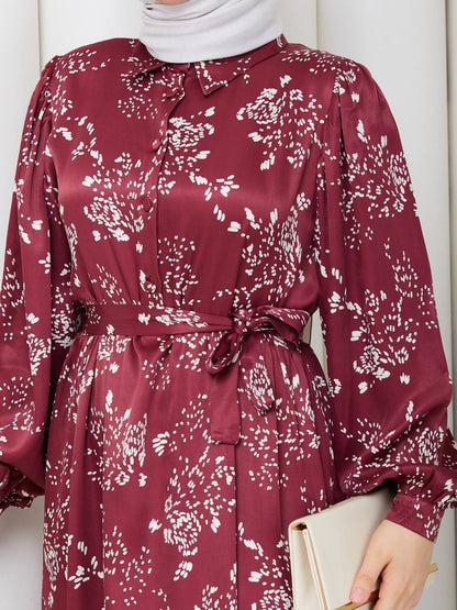 Elegant Maroon Satin Maxi Dress with White Floral Patterns