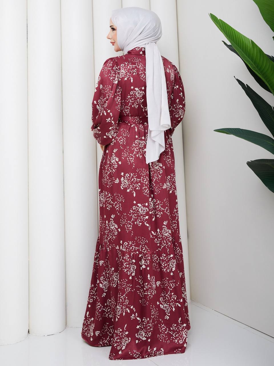 Elegant Maroon Satin Maxi Dress with White Floral Patterns