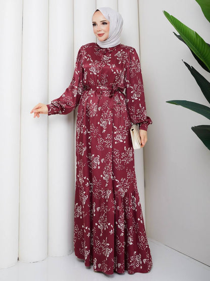 Elegant Maroon Satin Maxi Dress with White Floral Patterns