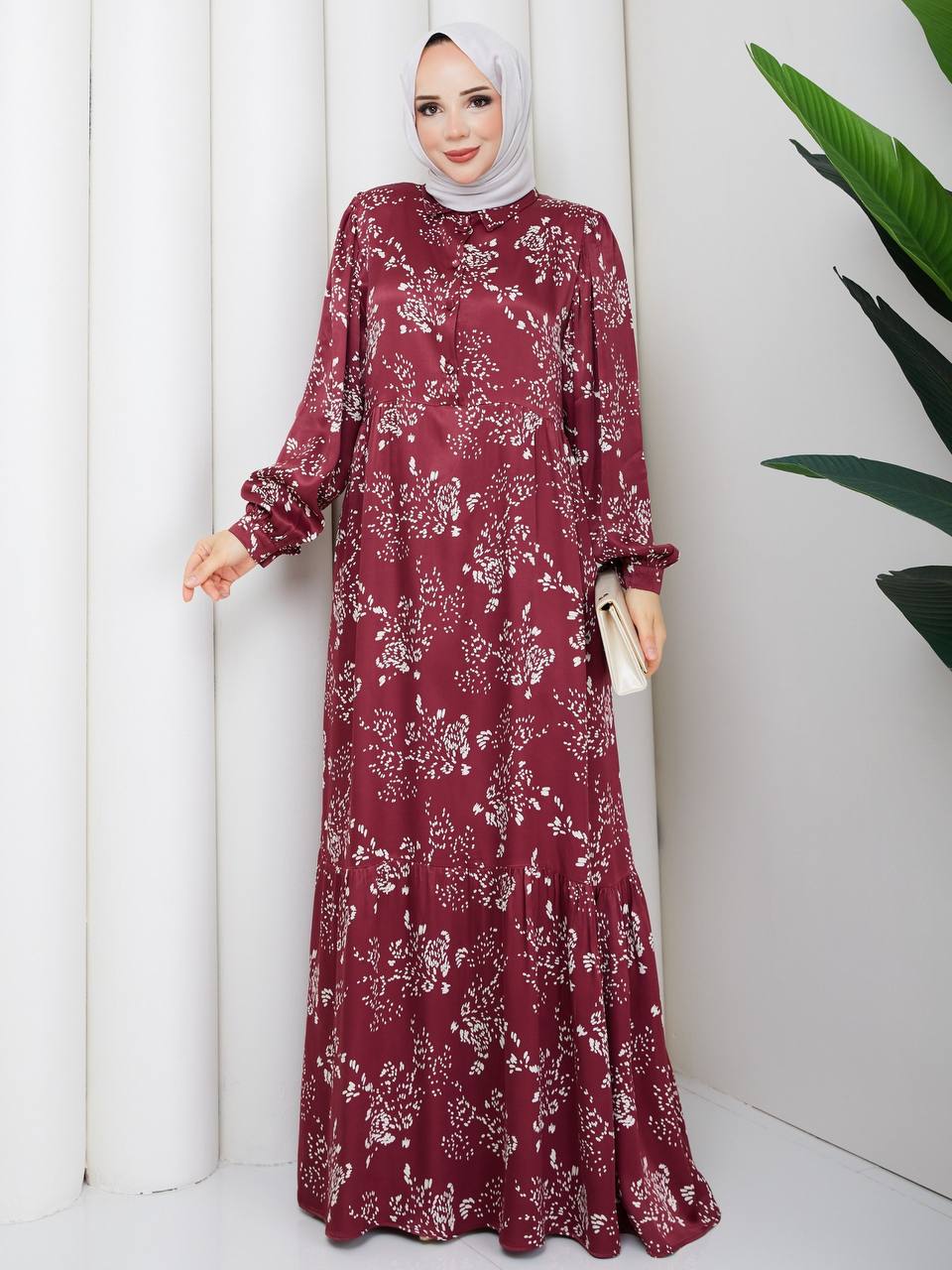 Elegant Maroon Satin Maxi Dress with White Floral Patterns