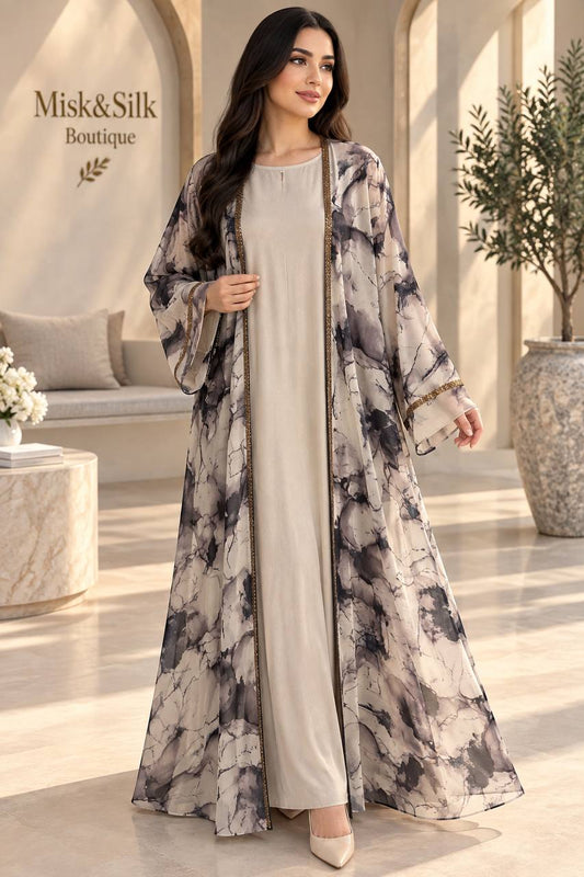 Marble Print Open Abaya Set
