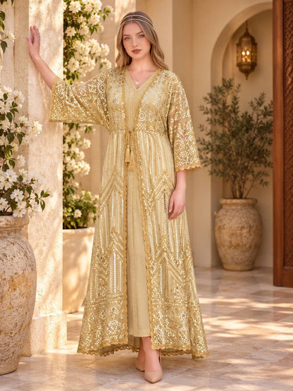 Luxury Mirror Sequin Kaftan with Crochet Trim