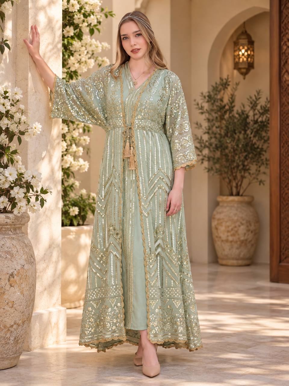 Luxury Mirror Sequin Kaftan with Crochet Trim