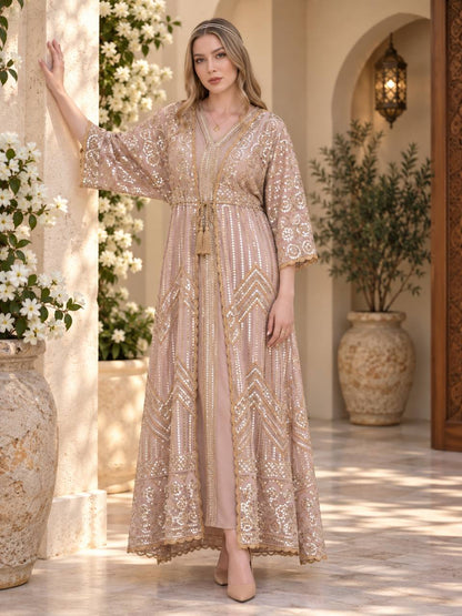 Luxury Mirror Sequin Kaftan with Crochet Trim