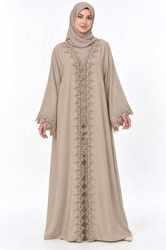 Suhad – Lace-Trim Open Abaya with Matching Hijab
