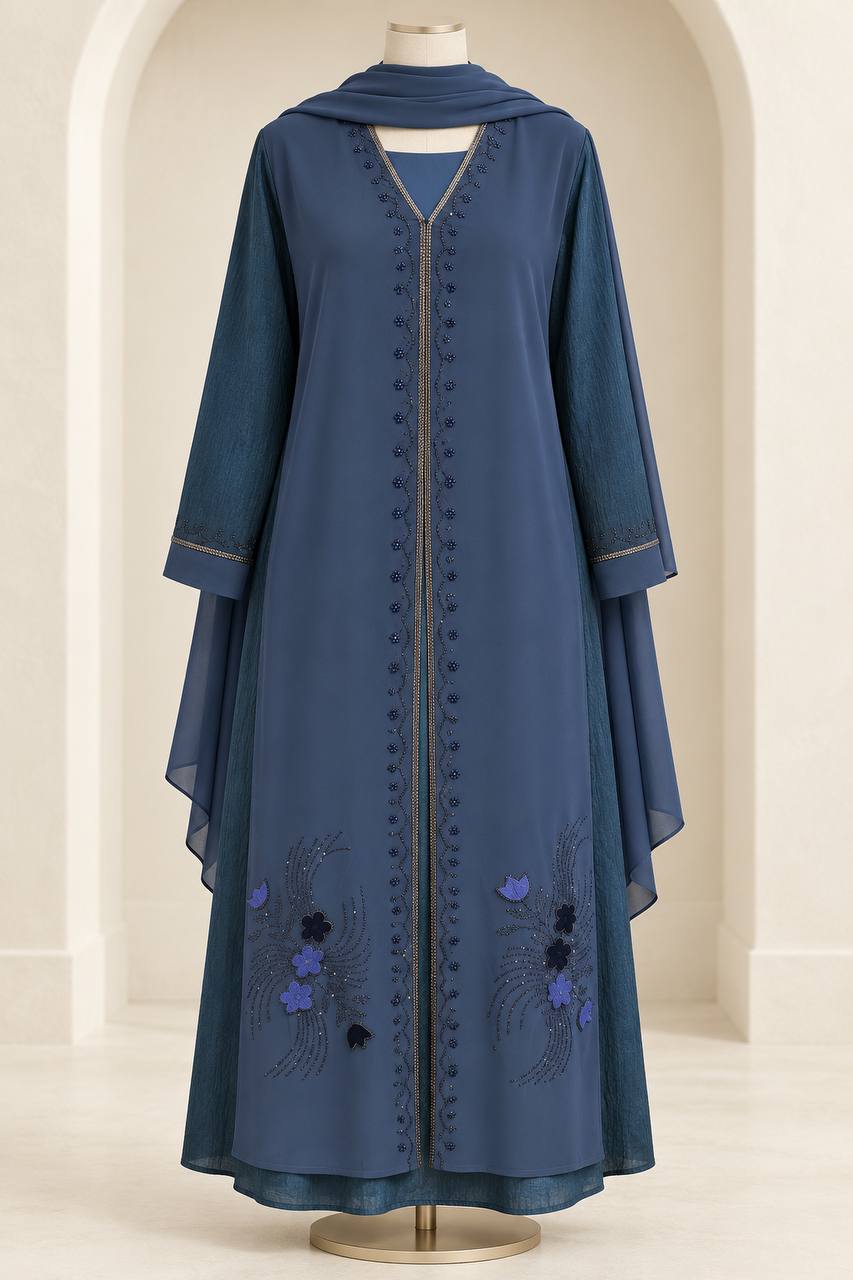 Dima – Girls’ Embellished Layered Abaya with Matching Hijab
