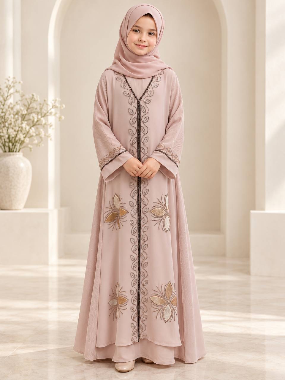Dima – Girls’ Embellished Layered Abaya with Matching Hijab