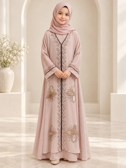 Dima – Girls’ Embellished Layered Abaya with Matching Hijab