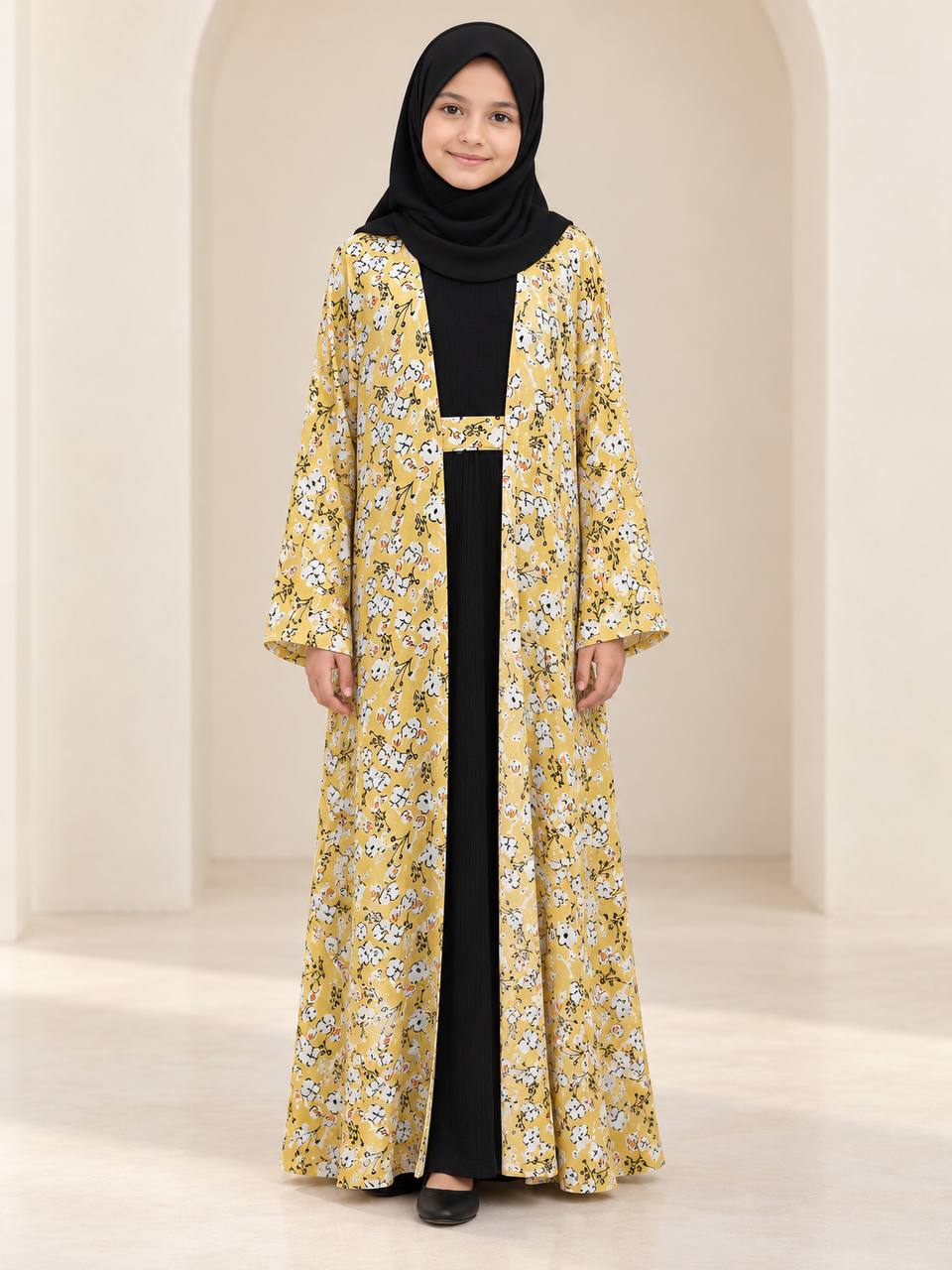Girls’ 3-Piece Floral Abaya Set with Belt