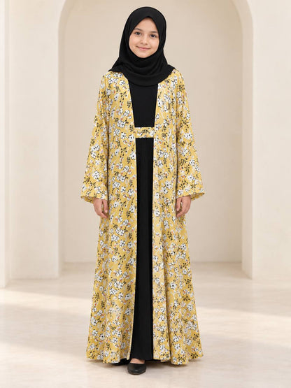 Girls’ 3-Piece Floral Abaya Set with Belt