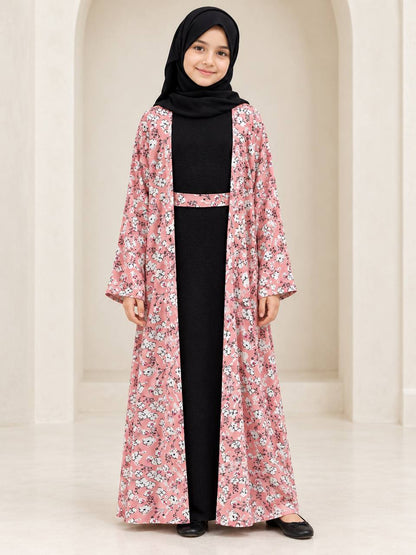 Girls’ 3-Piece Floral Abaya Set with Belt