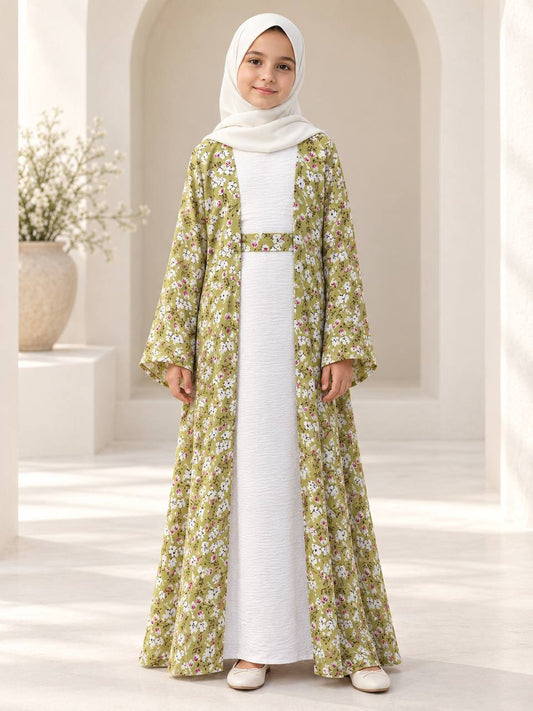 Girls’ 3-Piece Floral Abaya Set with Belt