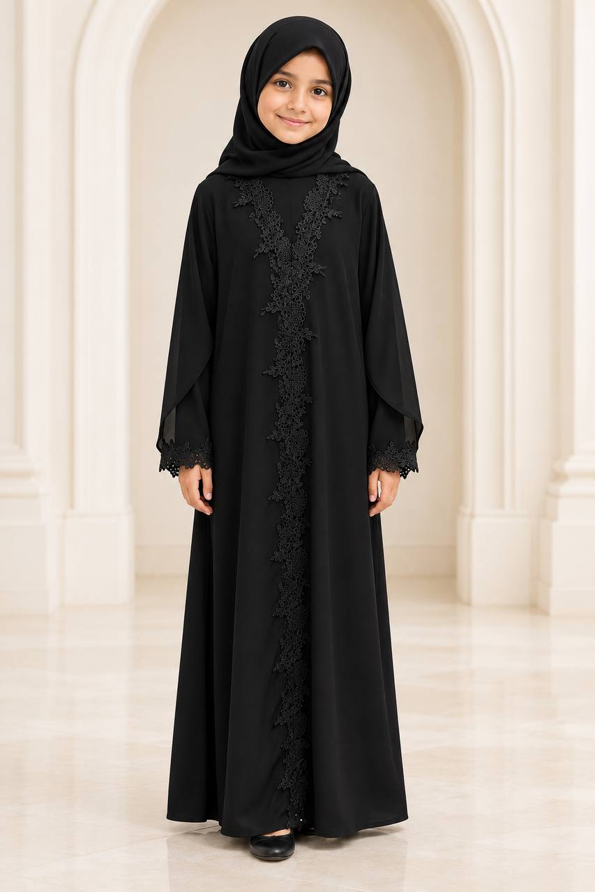Girls’ Floral Lace Open Abaya Cardigan with Matching Hijab