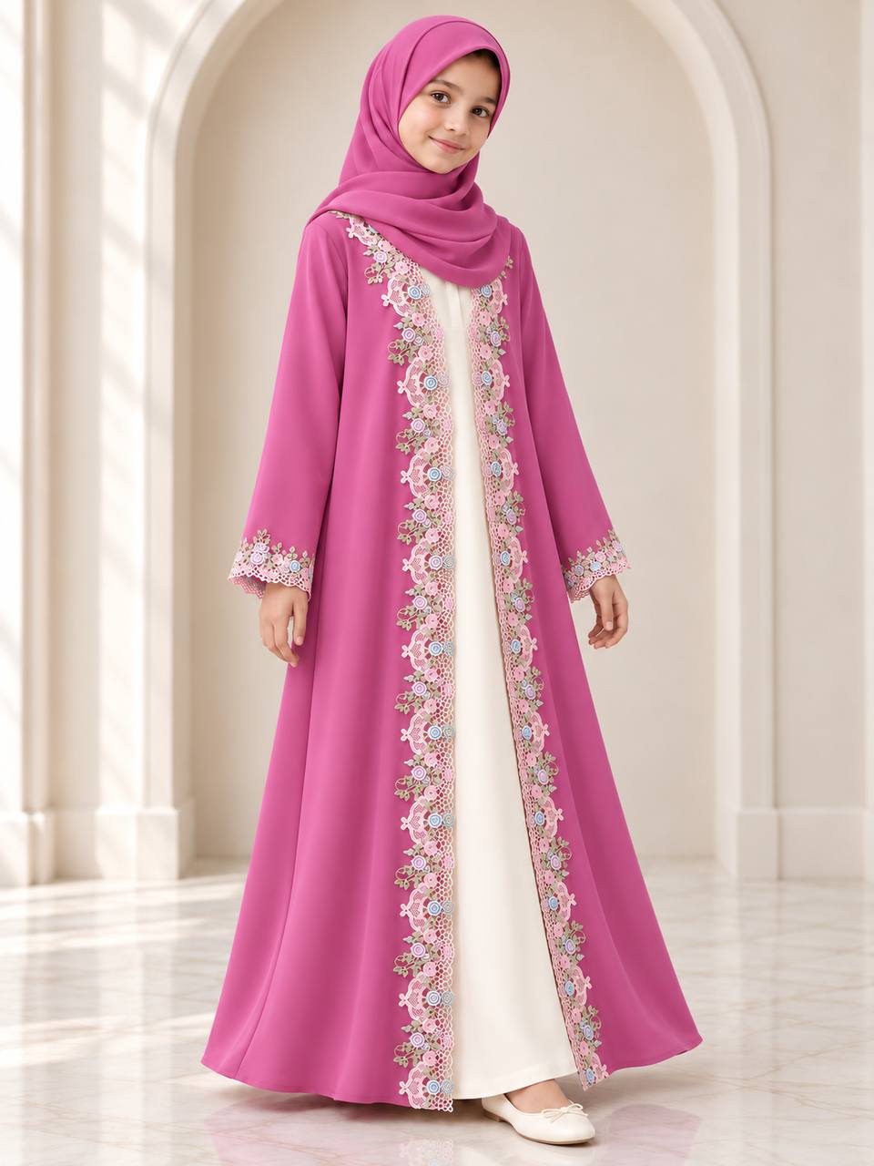 Girls’ Floral Lace Open Abaya Cardigan with Matching Hijab
