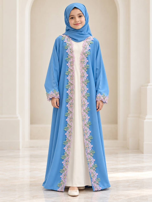 Girls’ Floral Lace Open Abaya Cardigan with Matching Hijab