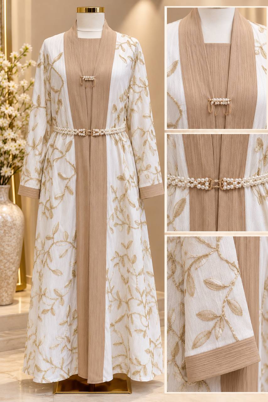 Pearl Blossom Two-Piece Embroidered Abaya Set