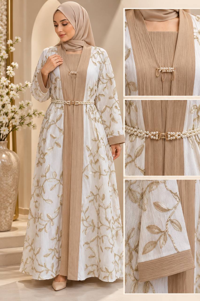 Pearl Blossom Two-Piece Embroidered Abaya Set