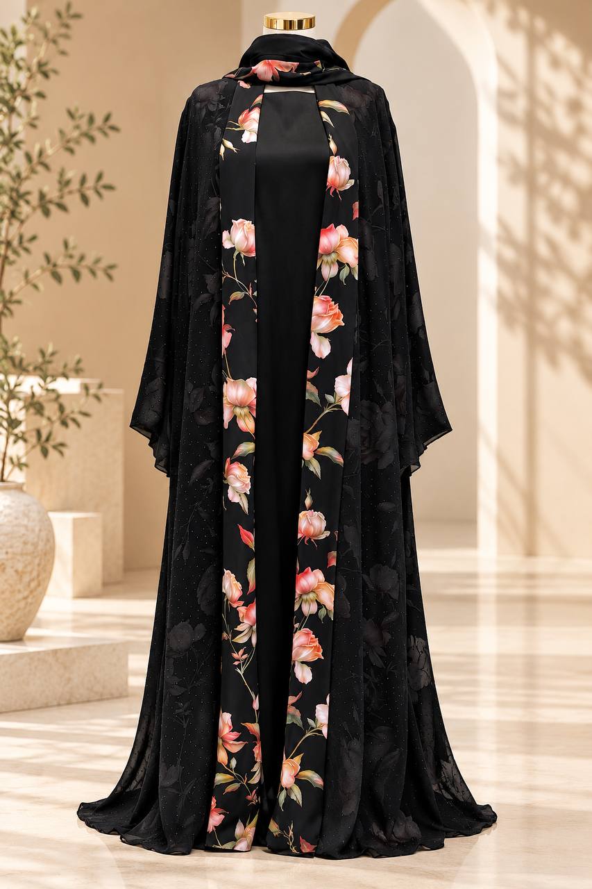 Floral Charm Double-Face Open Abaya with Matching Hijab