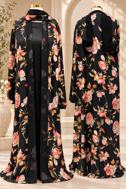 Floral Charm Double-Face Open Abaya with Matching Hijab