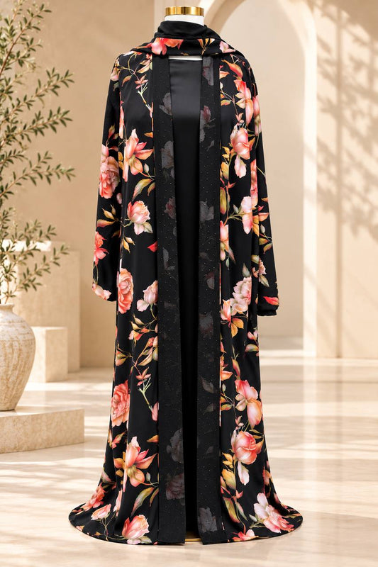 Floral Charm Double-Face Open Abaya with Matching Hijab