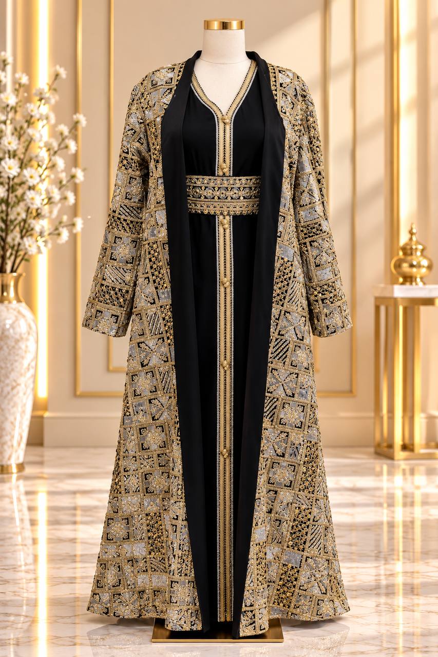 Moroccan Amira Caftan – 2-Piece Metallic Embroidered Jacket Set