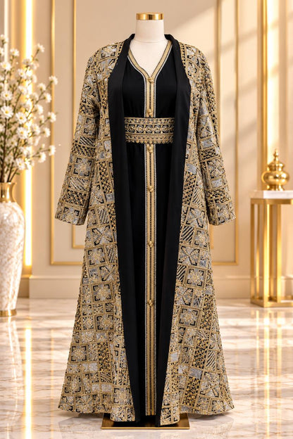 Moroccan Amira Caftan – 2-Piece Metallic Embroidered Jacket Set