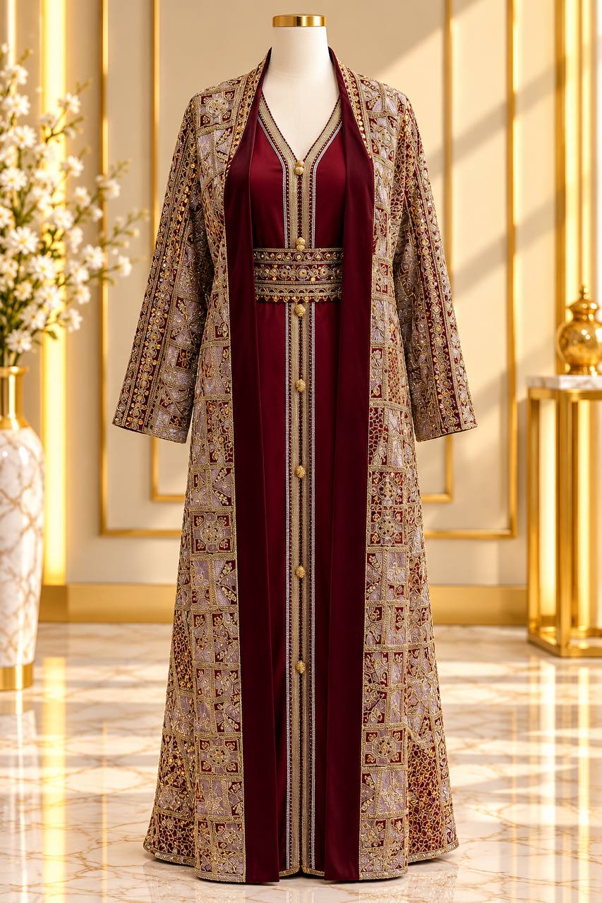 Moroccan Amira Caftan – 2-Piece Metallic Embroidered Jacket Set