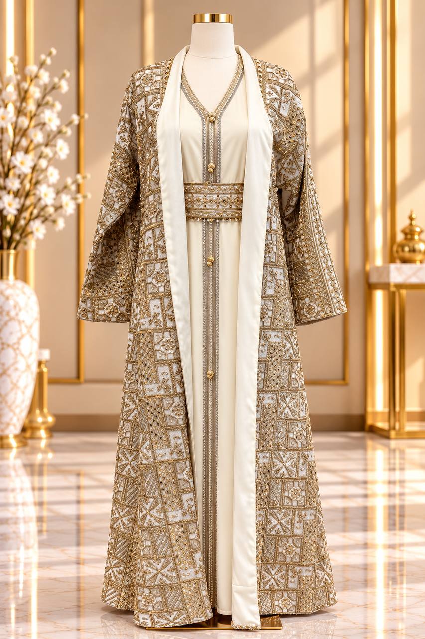 Moroccan Amira Caftan – 2-Piece Metallic Embroidered Jacket Set