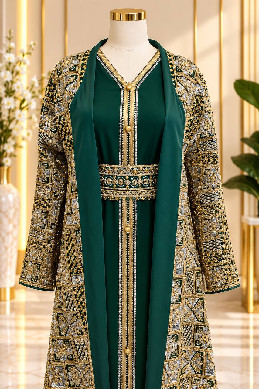 Moroccan Amira Caftan – 2-Piece Metallic Embroidered Jacket Set