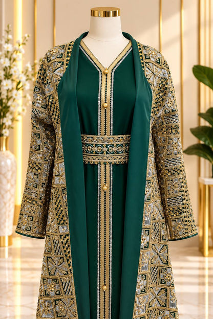 Moroccan Amira Caftan – 2-Piece Metallic Embroidered Jacket Set